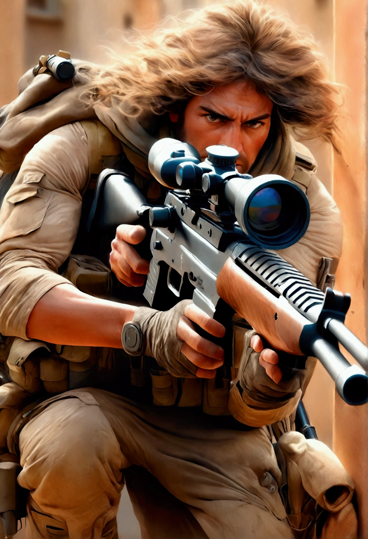 (Sniper), illustration of a aiming Sniper, in the style of laser lighting, focused light beams, vibrant light patterns, colored laser lights, danger, pulp comics, pulp art, hyper-realistic manga style, lurid, magazine cover imagery, dynamic composition, full body, award-winning, cinematic still, emotional, vignette, dynamic, vivid, (masterpiece, best quality, Professional, perfect composition, very aesthetic, absurdres, ultra-detailed, intricate details:1.3)