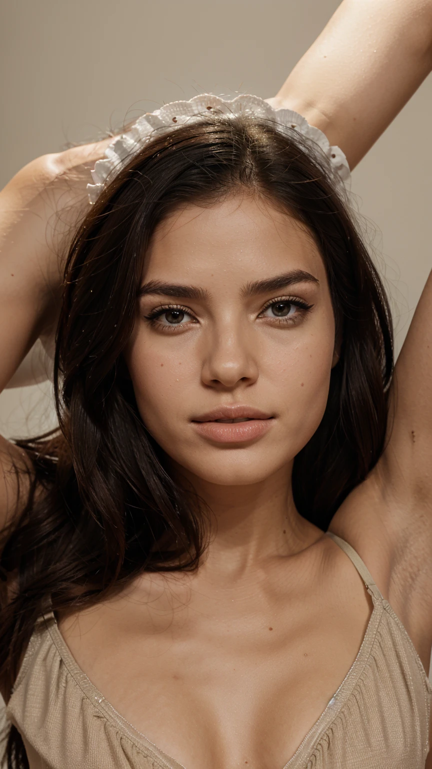 professional, (4K photo:1,1), (Focus:1,3), high detail, playful (Emma Raducanu1.1), beautiful detailed face, brown eyes, black hair, (blushing:1.1), Beautiful joung and atletic body, Face close up only from shoulders up looking directly into the camera, nude topless, arms raised with hands behind the head, beautiful armpits, very sweaty skin, gloomy atmosphere, Dark background, (Eye makeup, mascara), ((Stylish hairstyle)), Natural breasts, ((Posing)), photoshoot, studio (Contour lighting), (The play of light and shadows), Focal Length, bokeh, (special attention to skin detail: 1.2), Detailed leather texture, skin pores, (Film grain, VHS effect), (shine) , ((lens)) , ultra detialed,