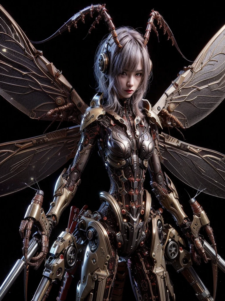 (top-quality:1.2, masterpiece), ultra high res,(Photorealsitic:1.4), (scorpion-like bio animal suit:1.3), heavy weapons,large wings, vivid textures,insect legs, red  hair, glowy skin, fur,japanese girl beautiful face,  ((super realistic intricate details)), full body shot, globalillumination, octan render, ultrasharp, character edge light, Details of complex ornaments, Acrylic Clear Cover, Hydraulic cylinder