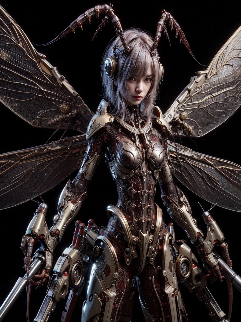 (top-quality:1.2, masterpiece), ultra high res,(Photorealsitic:1.4), (scorpion-like bio animal suit:1.3), heavy weapons,large wings, vivid textures,insect legs, red  hair, glowy skin, fur,japanese girl beautiful face,  ((super realistic intricate details)), full body shot, globalillumination, octan render, ultrasharp, character edge light, Details of complex ornaments, Acrylic Clear Cover, Hydraulic cylinder