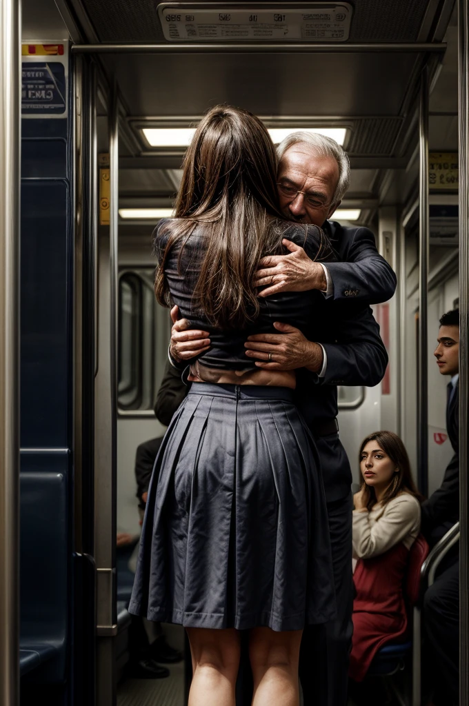 YES SFW, high details, many details, [(Handsome man hugging woman from behind)], crowded train, (Spanish woman in a train , Handsome man hugging Spanish woman from behind, Talking in her ear, lift her up, skirt twisted upwards), 40k, photograph, masterpiece, highest quality, dark gray background, ((high school uniform)), An elderly man leans on her from behind、I held you up, European woman