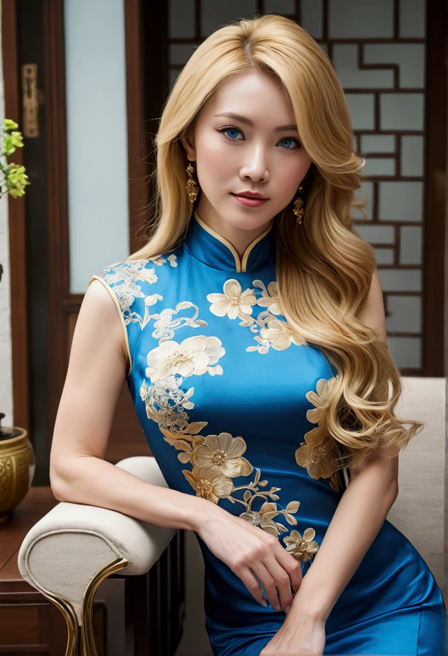 Long golden hair, blue eyes
,aesthetic body,milf, cheongsam