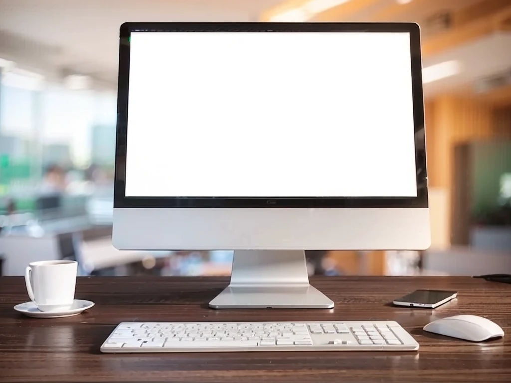a computer screen in the center, screen displaying financial market graphics, computer on the desk, 16:9 resolution screen centered, detailed financial chart, stock market data visualization, realistic office setting, clean minimalist desk, neutral office decor, natural lighting, depth of field, photorealistic, highly detailed, cinematic, digital art