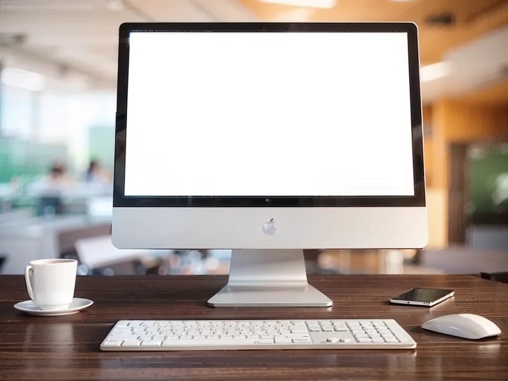 a computer screen in the center, screen displaying financial market graphics, computer on the desk, 16:9 resolution screen centered, detailed financial chart, stock market data visualization, realistic office setting, clean minimalist desk, neutral office decor, natural lighting, depth of field, photorealistic, highly detailed, cinematic, digital art