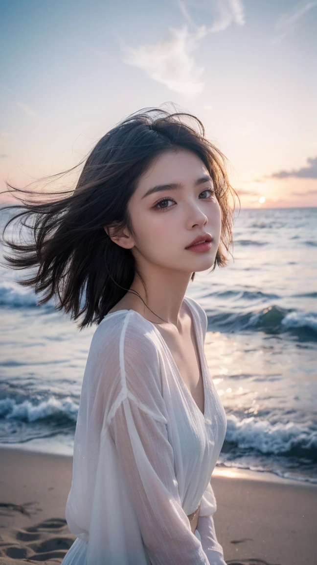 Create a serene portrait of a young woman (look forward) on a beach. She is wearing a loose-fitting white blouse, paired with a windy upskirt. Her eyes are looking viewer, and she has a peaceful expression on her face, enjoying the moment. The background features gentle waves crashing onto the shore under night sky, creating a tranquil and calming atmosphere. The overall mood of the image is reflective and serene, capturing the essence of relaxation and peace by the sea.