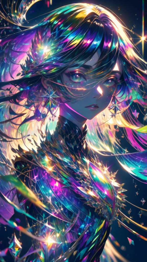 ((masterpiece,High resolution,8K quality,Highest quality)),1 girl,(,Lens flare,Dramatic makeup,Gracefully,Natural,big,Diffuse reflection of light((colorful:1.5)), illumination, Swirling dark aura, And beyond the universe,masterpiece．16K, 超High resolution, 超High resolution, to be born,wonderful ,future、Iridescent、The world 30 years from now。