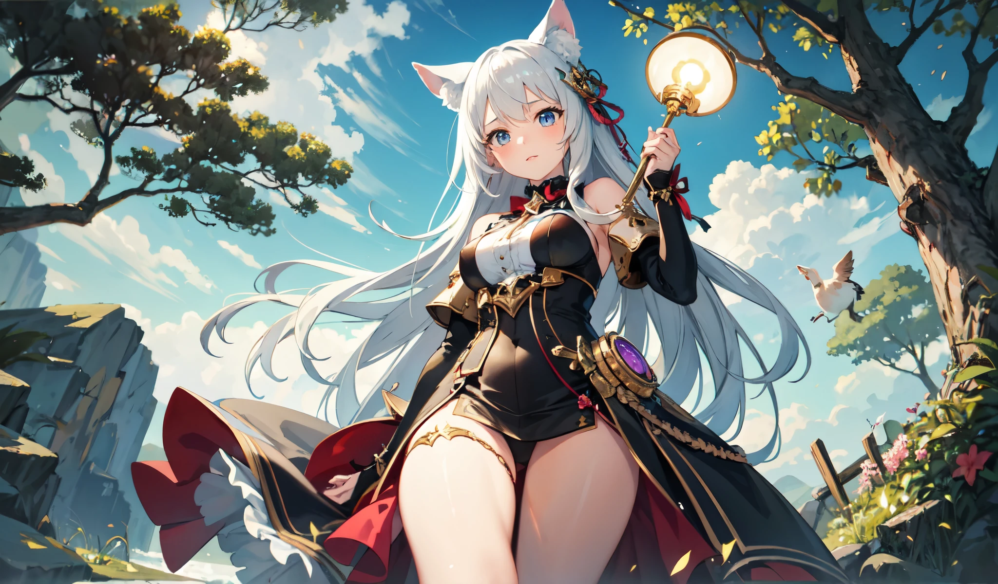 ((Highest quality)), ((masterpiece)), (detailed), One girl, Animal ears girl,Angle from below,On the tree