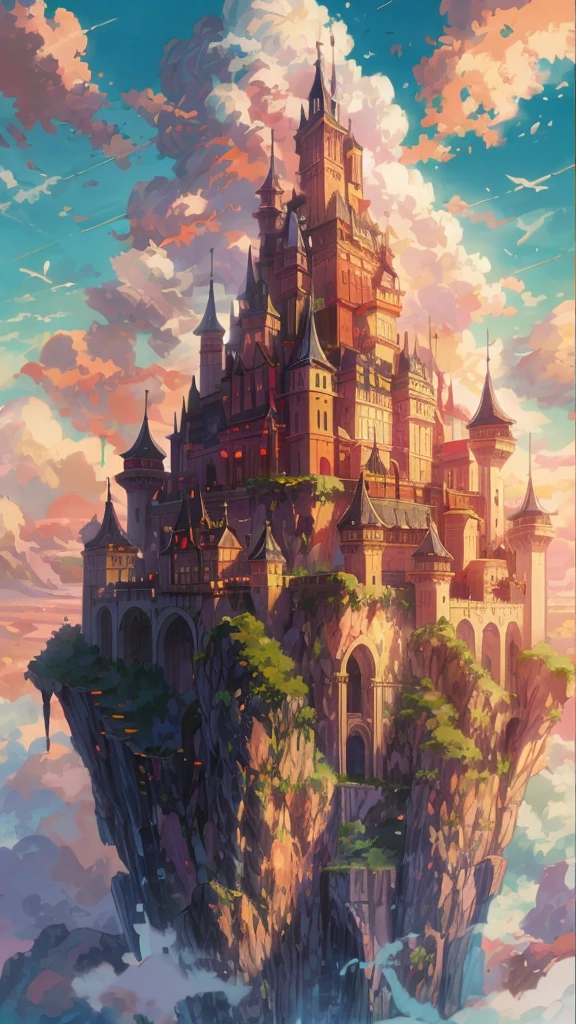 night空を背景に空に浮かぶアニメの城, night空に空飛ぶ雲の城, night空にFloating Palace, Super huge floating castle, Castle in the Sky, Castle in the Sky style, Flying Castle, nightの天にFloating Palace, Cloud Palace, abandoned Castle in the Sky, Beautifully detailed fantasy, Fantasy Castle, high Fantasy Castle, Floating Palace,Spectacular landscapes,Floating completely in the air,night,night景,dark,nightに浮かぶ城