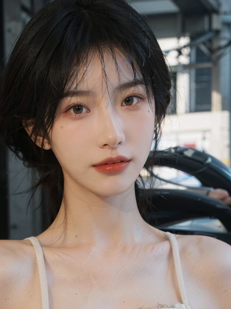 (Skin details:1.4), (smooth skin textures:1.3), (Upper body:1.4),(Upper Body:1.3)Lipstick, background, earrings, serene, calm, (Realistic and detailed eyes:1.2), Natural skin texture, Realistic facial details, Soft dramatic lighting, Vivid details, 35 mm film, outdoor, (Photo Practical:1.4), (hyper Practical:1.4), (Practical:1.3), (Smoother lighting:1.05), (Improve lighting quality:0.9), (Highest quality real skin textures:1.4), Exquisite eyes, Delicate face, Close-up of face, (Enhance the beauty of skin texture:1.1), Hair details,(Large Breasts:1.3)normal body ratio, short hair, Moles under the eyes, A faint smile,Portrait Photography, Depth of Field, Bokeh, Surrealism, Ray Tracing, (Portrait Photography:1.1), Surrealism, High Detail, Chiaroscuro, Ray Tracing, reflected light, Ultra HD, Ultra HD, masterpiece, Textured Skin, Super Detail, High Detail, high quality, best quality