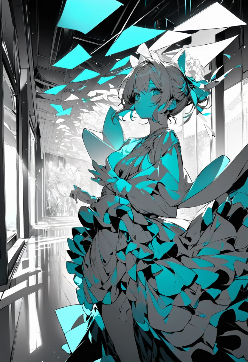 Monochrome Tiffany Blue, Highest quality, Super Fine, 16K, Unbelievably absurd, Very detailed, delicate and dynamic, pretty girl, Three-dimensional effect expressed through light and shadow, Eye-catching effect, modern art,