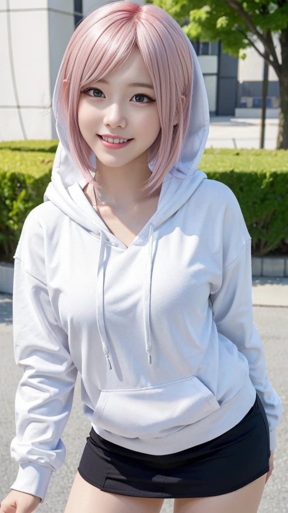 A woman with pink hair and a white hoodie, mini skirt、Anime realism style, Unreal 5. RPG Portrait, cgsociety portrait, Realistic art style, Smooth anime CG art, Photorealistic Anime Girl Rendering, Realistic anime 3D style, Loss Draw 1. 0, Realistic 3D animation, ArtJam ; 3d unreal engine, Realistic anime art style,The background is a park,The best smile、Eating lunch