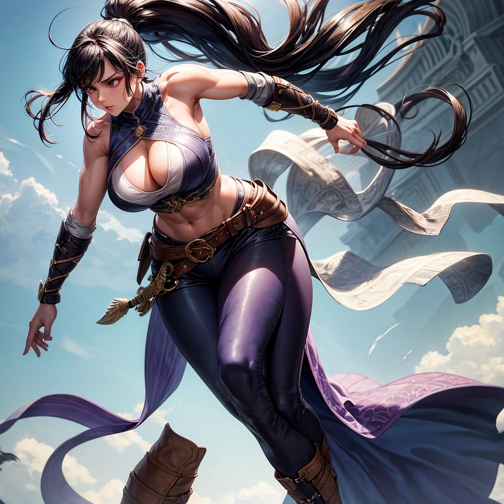 a beautiful, tall young woman with a curvy yet athletic and muscular build, chin-length, dark purple eyes and black hair with a fringe styled into a ponytail with an ample very big chest (E-cup chest), gracefully curved legs, and nearly translucent skin, wore a fitted tunic of deep indigo, accented with silver thread that hinted at her noble lineage. Beneath, she had sturdy leather breeches, allowing for ease of movement in battle. A wide belt cinched her waist, adorned with pouches and a beautiful sword. Her boots, practical yet finely crafted, reached mid-calf. The outfit blended elegance with functionality, reflecting her strength and status as a warrior.