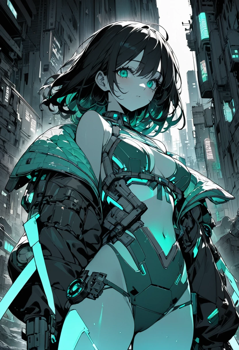 Monochrome Tiffany Blue, Highest quality, Super Fine, 16K, Unbelievably absurd, Very detailed, delicate and dynamic, pretty girl, Three-dimensional effect expressed through light and shadow, Eye-catching effect, modern art,
Monochrome Tiffany Blue, Highest quality, Super Fine, 16K, Unbelievably absurd, Very detailed, delicate and dynamic, pretty girl, Three-dimensional effect expressed through light and shadow,Low - Angle、 Emerald green eyes、Part of the clothing is see-through、Cinematic angles、optical fiber、Connected Cord、Illuminated parts See-through parts、Cyberpunk cityscape, young woman with long black hair wearing an emerald green powered exosuit, standing in a contemplative pose amidst the neon-lit ruins, textured digital art with muted tones and subtle ambient noise, detailed and intricate illustration, dystopian and gritty yet beautiful, a glimmer of hope in the decay,Fish Girl in Sci-fi translucent mechanical bikini ++,The bikini is see-through and sparkly