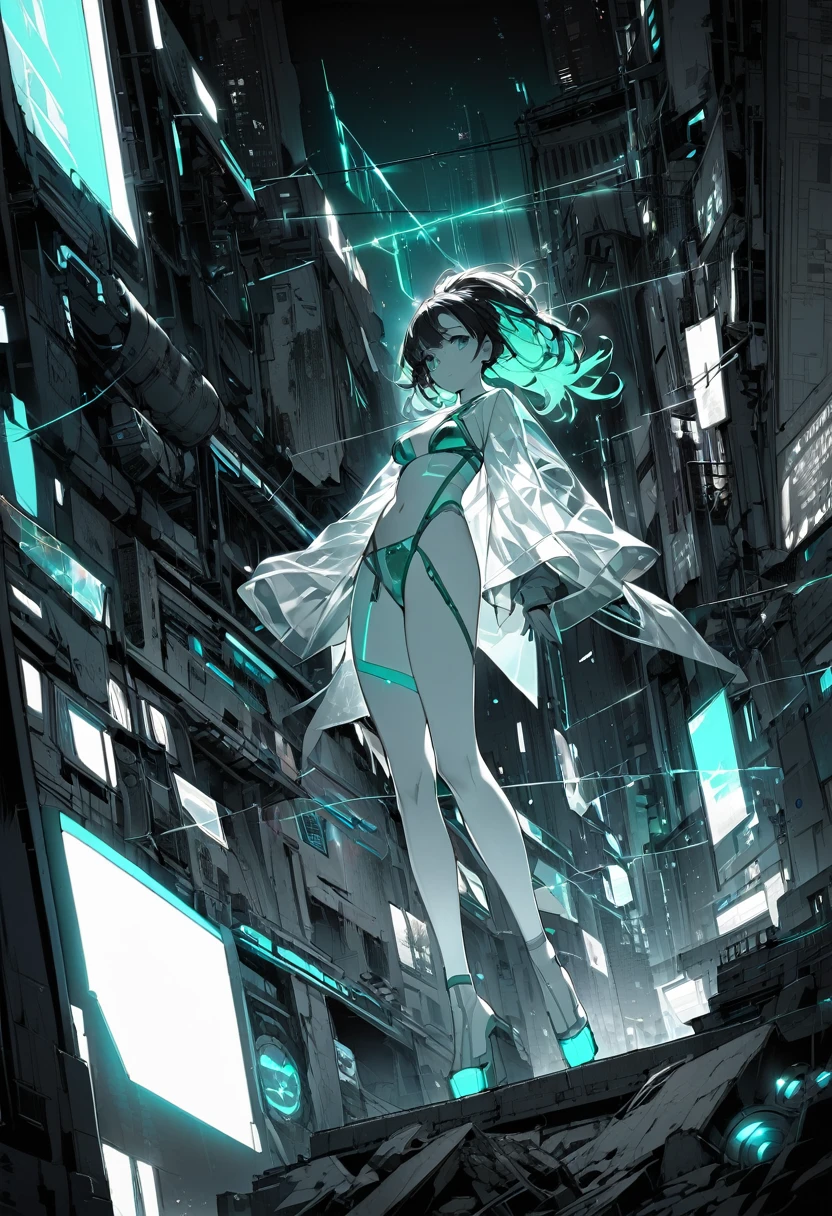 Monochrome Tiffany Blue, Highest quality, Super Fine, 16K, Unbelievably absurd, Very detailed, delicate and dynamic, pretty girl, Three-dimensional effect expressed through light and shadow, Eye-catching effect, modern art,
Monochrome Tiffany Blue, Highest quality, Super Fine, 16K, Unbelievably absurd, Very detailed, delicate and dynamic, pretty girl, Three-dimensional effect expressed through light and shadow,Low - Angle、 Emerald green eyes、Part of the clothing is see-through、Cinematic angles、optical fiber、Connected Cord、Illuminated parts See-through parts、Cyberpunk cityscape, young woman with long black hair wearing an emerald green powered exosuit, standing in a contemplative pose amidst the neon-lit ruins, textured digital art with muted tones and subtle ambient noise, detailed and intricate illustration, dystopian and gritty yet beautiful, a glimmer of hope in the decay,Fish Girl in Sci-fi translucent mechanical bikini ++,The bikini is see-through and sparkly