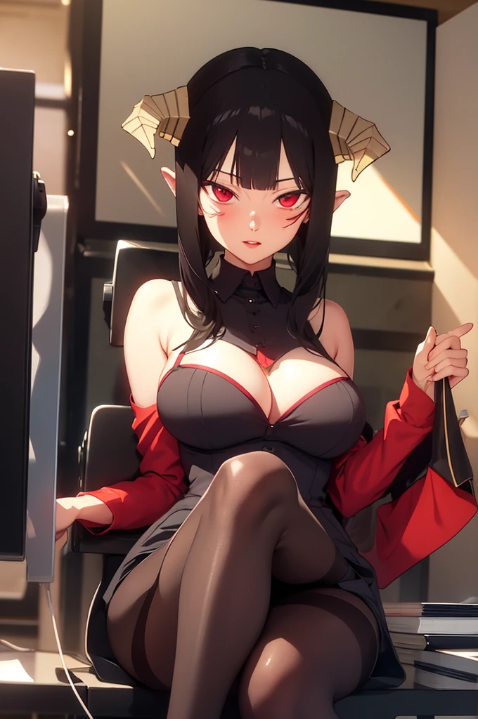 work of art, best qualityer, ultra detali, illustration, colorfully, flat colour, Depth of field, 1 girl, sitting down, Bblack hair, horns on head, Eyes red, , gazing at viewer, in the office, black business dress, pantyhose, black pantyhose, Detailed texture skin, detailed cloth texture, beautifull detailed face,Grinning,face red,blushed,legs crossed,big breasts,black highheels,fully body
