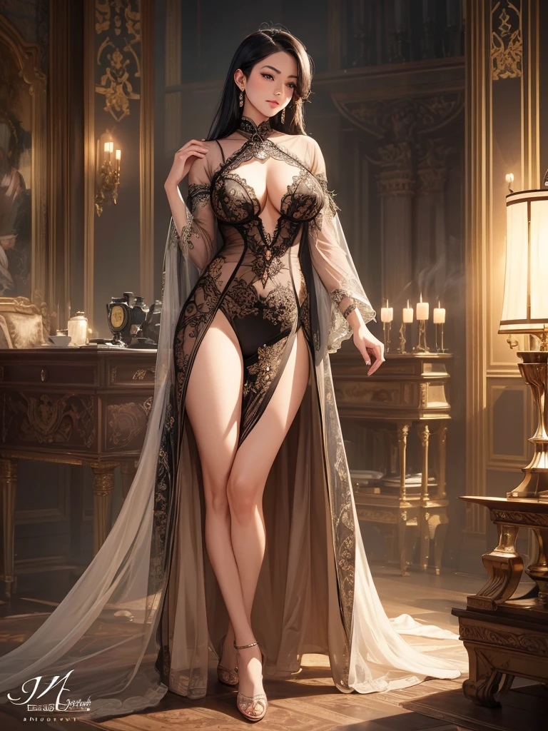 (a sultry steam-powered hostess, Malaysian woman of leisure, tantalizing sheer intricately embroidered night gown reveals breasts and vagina, complex gears and pistons, steam vents, optical lenses), formal ballroom, guests, (best quality,4k,8k,highres,masterpiece:1.2),ultra-detailed,(realistic,photorealistic,photo-realistic:1.37),intricate machinery, ornate decorations, dramatic lighting, elegant attire, refined mannerisms
