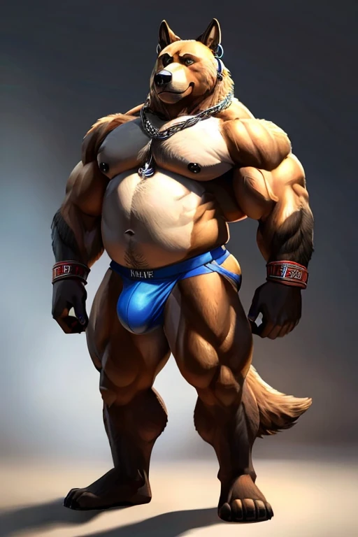 My fursona is a split species, part grizzly bear and part German Shepherd dog. He stands mostly bipeadel, but his general body shape alows him to easily take a quadrupedal sance. For his face, the muzzle leans more towards a bear's, while the ears are more like a dog's. The general head shape is a decent blend of the 2 species, with dark blue eyes. He has a large and thick silver septum nose piercing as well as a 2 silver cartilage cruncher ear hoops on his right ear. Around his neck is a thick chain linked together on his chest by a red padlock. He has broad shoulders like a bear, and thick arms combining muscles  covered with a layer of fat leading to bear paws with oposable thumbs. He has a black lether armband around eack large bicep. Each paw has a silver ring on what would be the ring finger and a dark red ring on what would be the middle finger. His chest is pretty prominent, with large stone pectorals covered in minimal fat with both nipples pierced with silver hoops. His torso is fairly muscular with a layer of fat barley covering his muscle gut. He does not wear a shirt at all. His waist is wide and his butt is fairly round and plump, framed by the straps of the black and dark red jockstrap he wears, the same jockstrap that hugs a larger then average bulge at his crotch. At the base of his back above the back of his jockstrap is a thick, fluffy German Sheppered tail. His thighs muscular and are quit large at the top but slowly tapper to be a little bit thiner the closer they are to the knees. From the knees down, his legs take on a dog's typical hind legs shaped with the elongated foot, ending in strong, thick dog paws. His fur pattern and colors are those of a Germen Shepered, with a little more orange coming through the light brown parts of his fur.