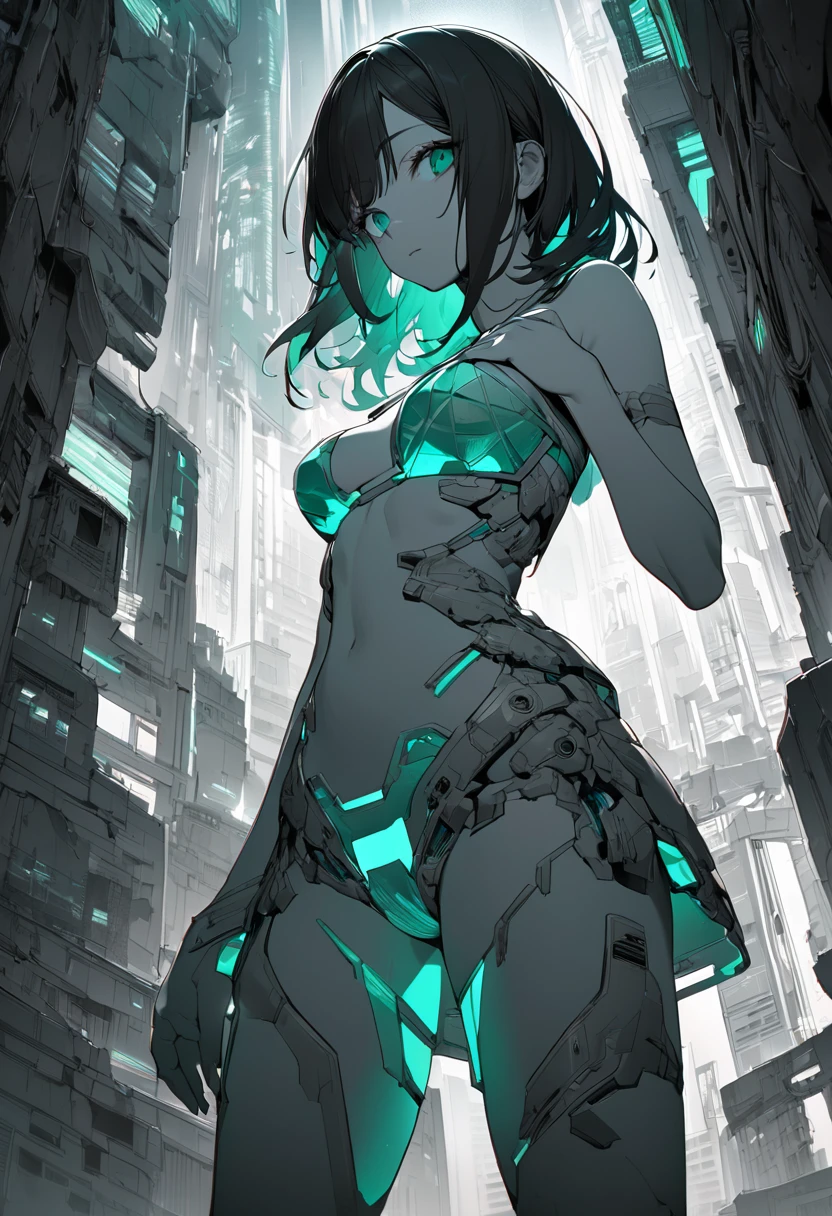 Monochrome Tiffany Blue, Highest quality, Super Fine, 16K, Unbelievably absurd, Very detailed, delicate and dynamic, pretty girl, Three-dimensional effect expressed through light and shadow, Eye-catching effect, modern art,Monochrome Tiffany Blue, Highest quality, Super Fine, 16K, Unbelievably absurd, Very detailed, delicate and dynamic, pretty girl, Three-dimensional effect expressed through light and shadow,Low - Angle、 Emerald green eyes、Part of the clothing is see-through、Cinematic angles、optical fiber、Connected Cord、Illuminated parts See-through parts、Cyberpunk cityscape, young woman with long black hair wearing an emerald green powered exosuit, standing in a contemplative pose amidst the neon-lit ruins, textured digital art with muted tones and subtle ambient noise, detailed and intricate illustration, dystopian and gritty yet beautiful, a glimmer of hope in the decay,Fish Girl in Sci-fi translucent mechanical bikini ++,The bikini is see-through and sparkly
