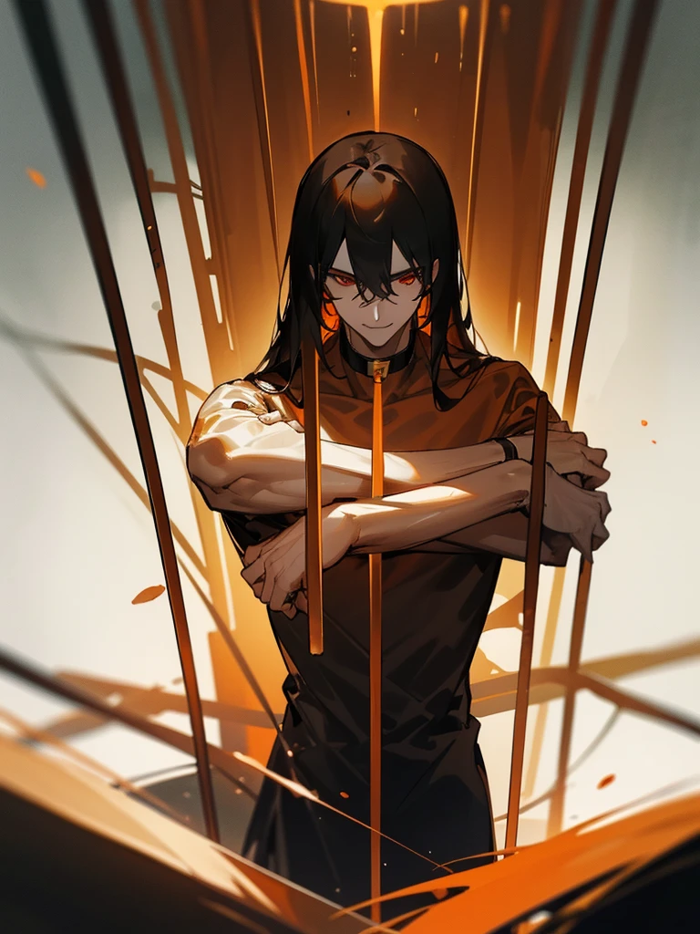 a man, Black long straight hair, dark red eyes, Slender and tall, prisoner, Perfect male body, Looking at the camera, (Orange prison uniform, Hold your arms tight, Smile, cell), portrait, Dramatic shadows, Prisoner, Chained, Cage