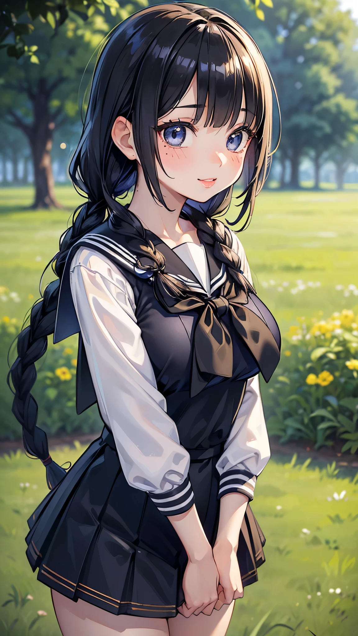 (Highest quality, Ultra-high resolution, Very detailed), (Realistic,超Realistic), Perfect lighting、Small breasts,View your audience, Perfect Woman,Perfect Face, (Perfect Anatomy, Anatomically correct), Cute and symmetrical face、、((Shiny Hair)),(かわいいsmile, smile)、(masterpiece),8k,Very clear,(Ultra-realistic), One Girl,Wide Shot,((Large Breasts))、(Large Breasts)、(Highest quality), Realistic, (Live Action, Intricate details),(Outdoor), blush,(Blurred beautiful grassland),16-year-o hichoolrl、(school uniform), Shiny skin, ((Shiny black short braids)), (((Bangs that cover the eyes))), (Long eyelashes), Beautiful Face,(((Sailor suit))), ((Juicy lips))、(((freckle)))、(((Confused eyes)))、(((jitome)))