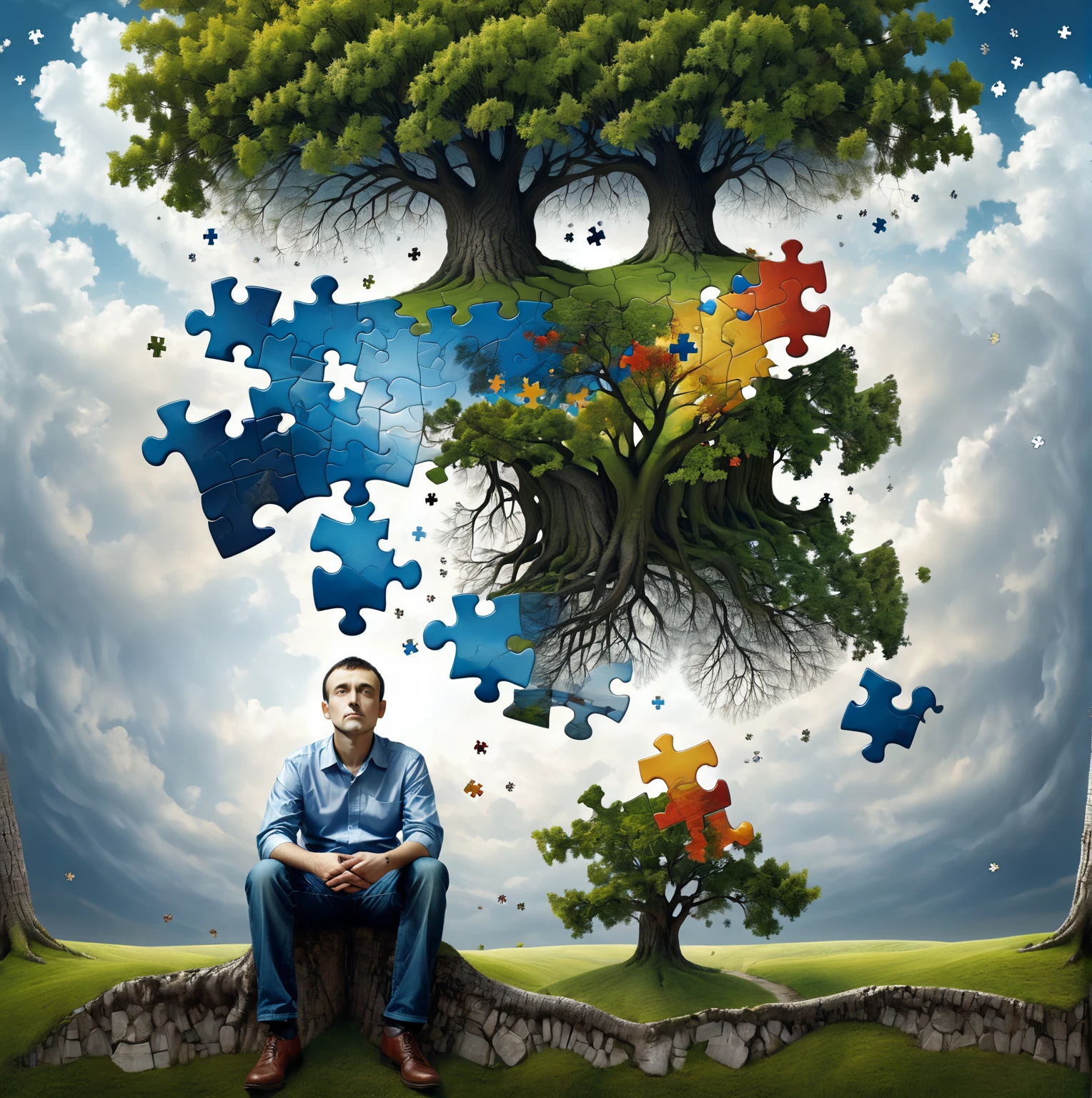 arafed man sitting  under a tree with puzzle pieces on his body, puzzling, puzzle art, inspired by Igor Morski, highly conceptual figurative art, by Igor Morski, sylvain sarrailh and igor morski, illusion surreal art, surreal art, puzzle, emotional surrealist art, by László Balogh, dissociation