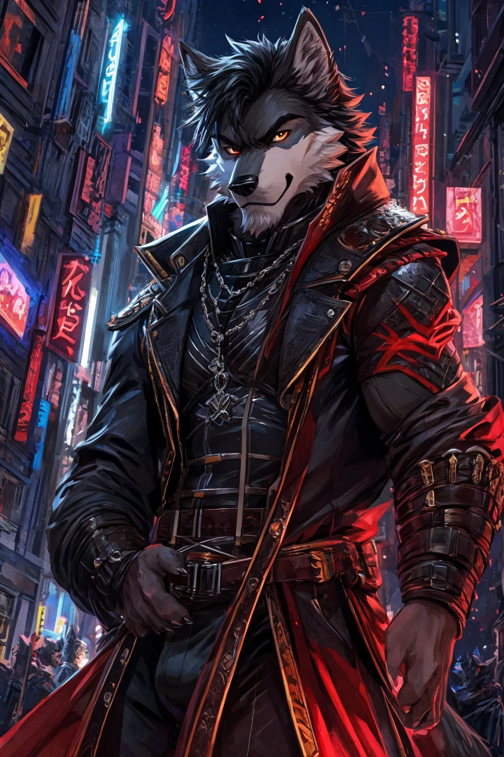 Anthro wolf man, Wearing a black suit, handsome, charismatic, has a firm and serious expression, black hair with a red pattern, he is in the middle of the night city. (Anthro wolf male)