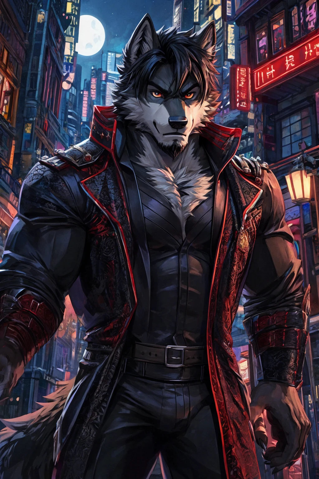 Anthro wolf man, Wearing a black suit, handsome, charismatic, has a firm and serious expression, black hair with a red pattern, he is in the middle of the night city. (Anthro wolf male)