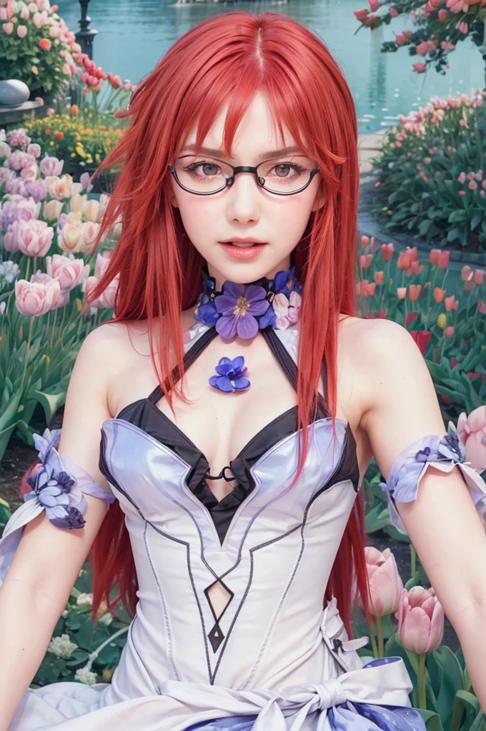 masterpiece, best quality, (realistic,photo-realistic:1.4), (RAW photo:1.2), extremely detailed CG unity 8k wallpaper, delicate and beautiful, amazing,finely detail, official art, absurdres, incredibly absurdres, huge filesize, ultra-detailed,extremely detailed eyes and face,light on face,(little smile),karin uzumaki,(red hair:1.4),(long hair:1.4),nature background,(tulips flower:1.5),(wearing white dress:1.4),,(wearing black framed glasses:1.5)