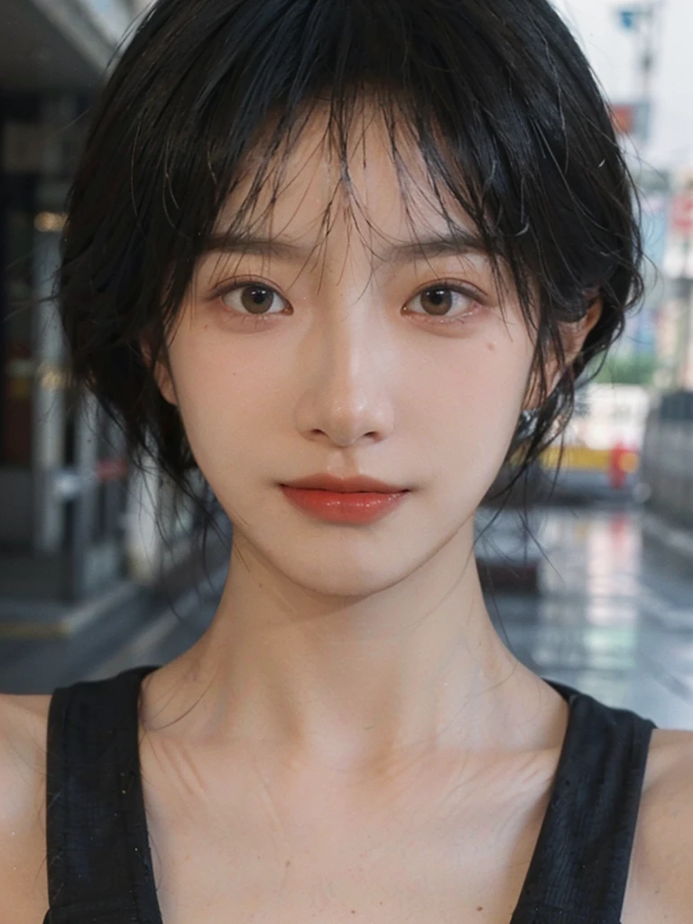 (Skin details:1.4), (smooth skin textures:1.3), (Upper body:1.4),(Upper Body:1.3)Lipstick, background, earrings, serene, calm, (Realistic and detailed eyes:1.2), Natural skin texture, Realistic facial details, Soft dramatic lighting, Vivid details, 35 mm film, outdoor, (Photo Practical:1.4), (hyper Practical:1.4), (Practical:1.3), (Smoother lighting:1.05), (Improve lighting quality:0.9), (Highest quality real skin textures:1.4), Exquisite eyes, Delicate face, Close-up of face, (Enhance the beauty of skin texture:1.1), Hair details,(Large Breasts:1.3)normal body ratio, short hair, Moles under the eyes, A faint smile,Portrait Photography, Depth of Field, Bokeh, Surrealism, Ray Tracing, (Portrait Photography:1.1), Surrealism, High Detail, Chiaroscuro, Ray Tracing, reflected light, Ultra HD, Ultra HD, masterpiece, Textured Skin, Super Detail, High Detail, high quality, best quality