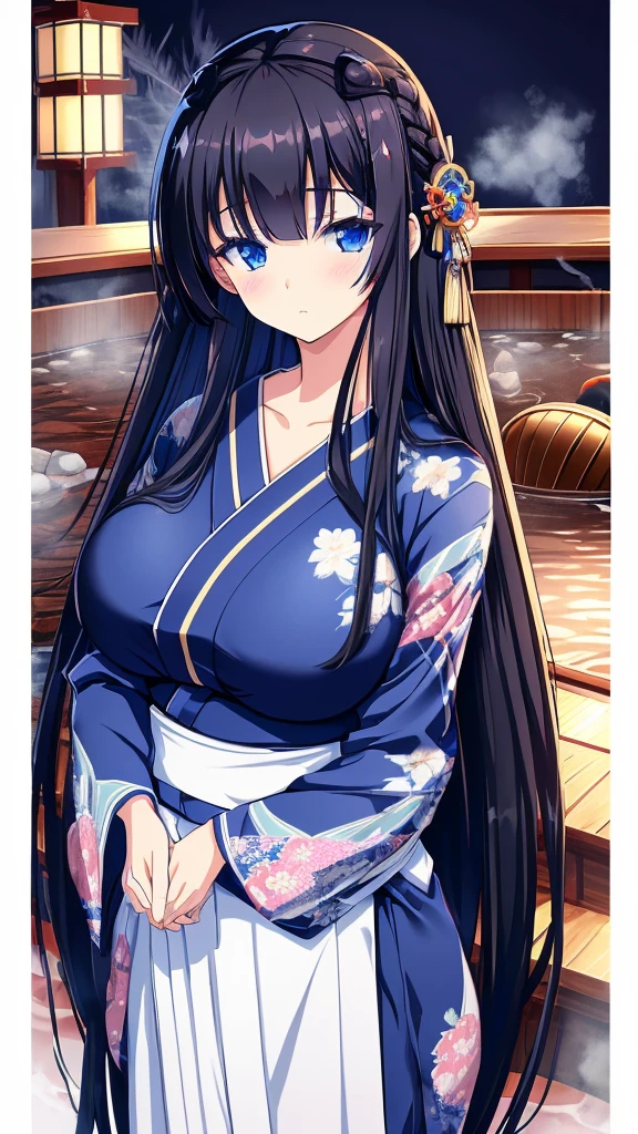 best quality, extremely detailed,anime style girl,long hair down to the waist, straight hair, ((dark black hair with bluish)),braid,beautiful detailed eyes, pinched eyes, (dark blue eyes),huge breasts,curvy,kimono,clothing with complex patterns,hair ornament,((((hot spring)))),cool expression,((pov))