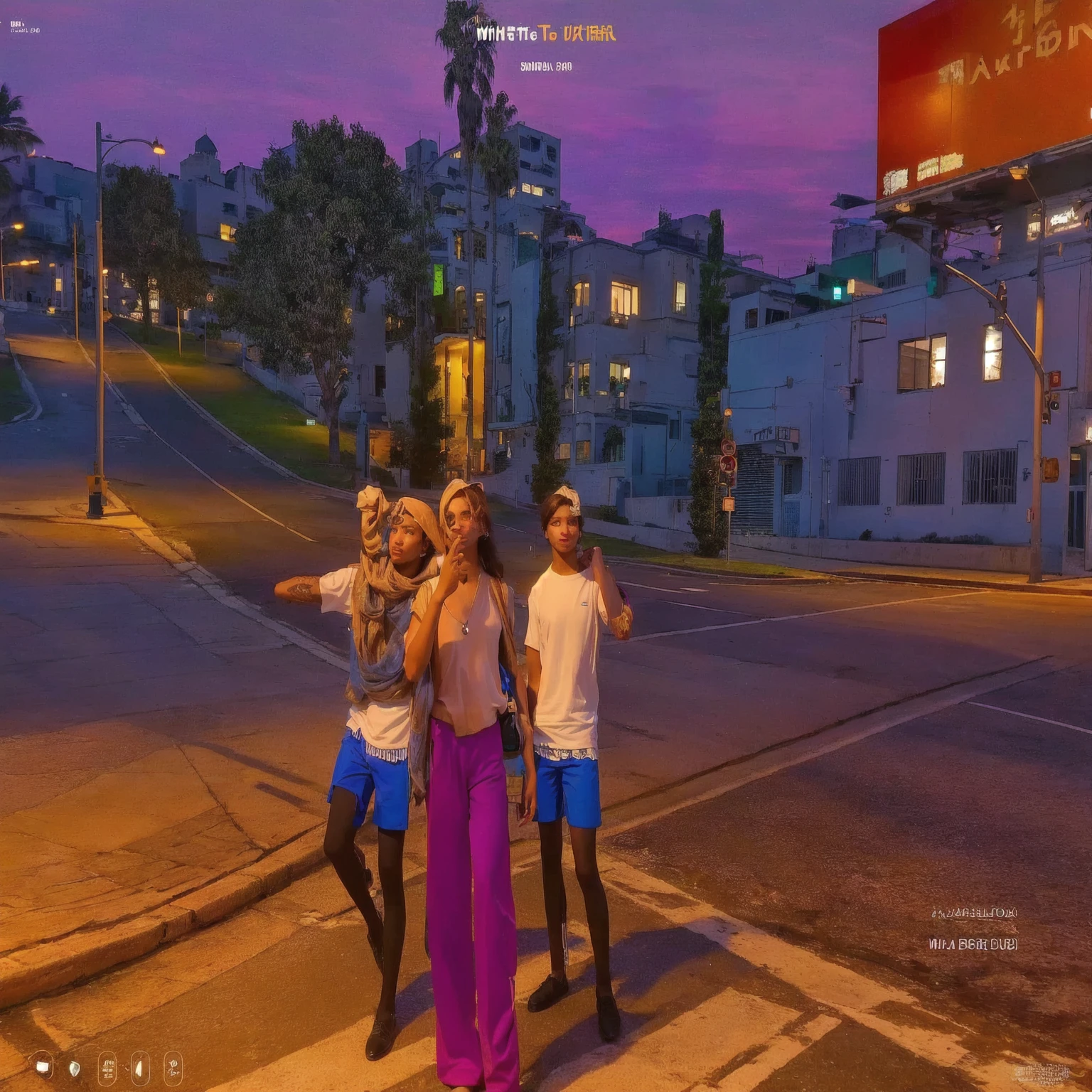 A group of people standing on a street corner, They take professional photos, The first one wears purple pants , الثاني He wears a white shirt with blue shorts , He wears a white shirt with blue shorts ,Behind them is a BMW
