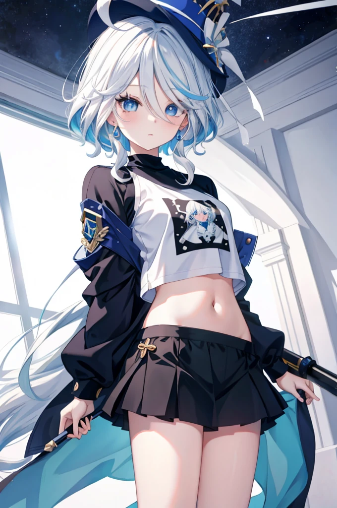 Furina  anime com white  hair e olhos azuis, deus de white  hair, girl portrait, t - shirt, sweatshirt, Anime Girl with Cosmic Hair, com white  hair, white  hair, digital art on pixiv, cirno anime portrait, trends on artstation pixiv, white  hair perfeitos, White hair, blue eyes portrait, a miniskirt, (((Navel )))