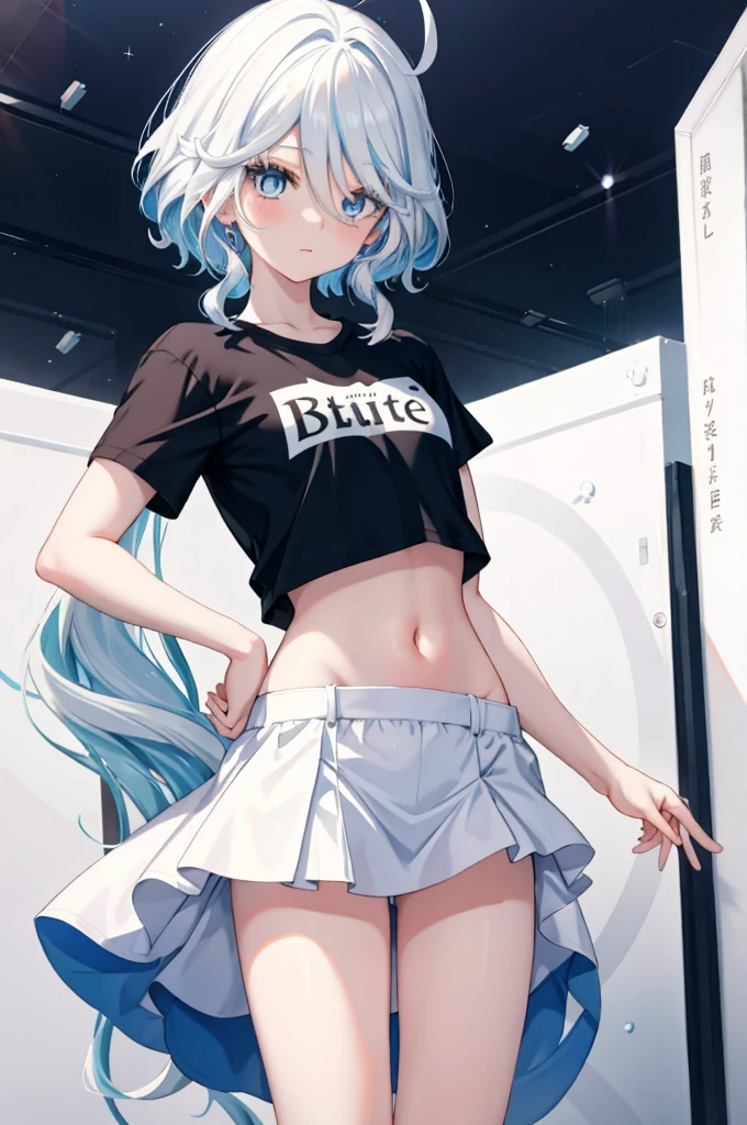 Furina  anime com white  hair e olhos azuis, deus de white  hair, girl portrait, t - shirt, sweatshirt, Anime Girl with Cosmic Hair, com white  hair, white  hair, digital art on pixiv, cirno anime portrait, trends on artstation pixiv, white  hair perfeitos, White hair, blue eyes portrait, a miniskirt, (((Navel )))