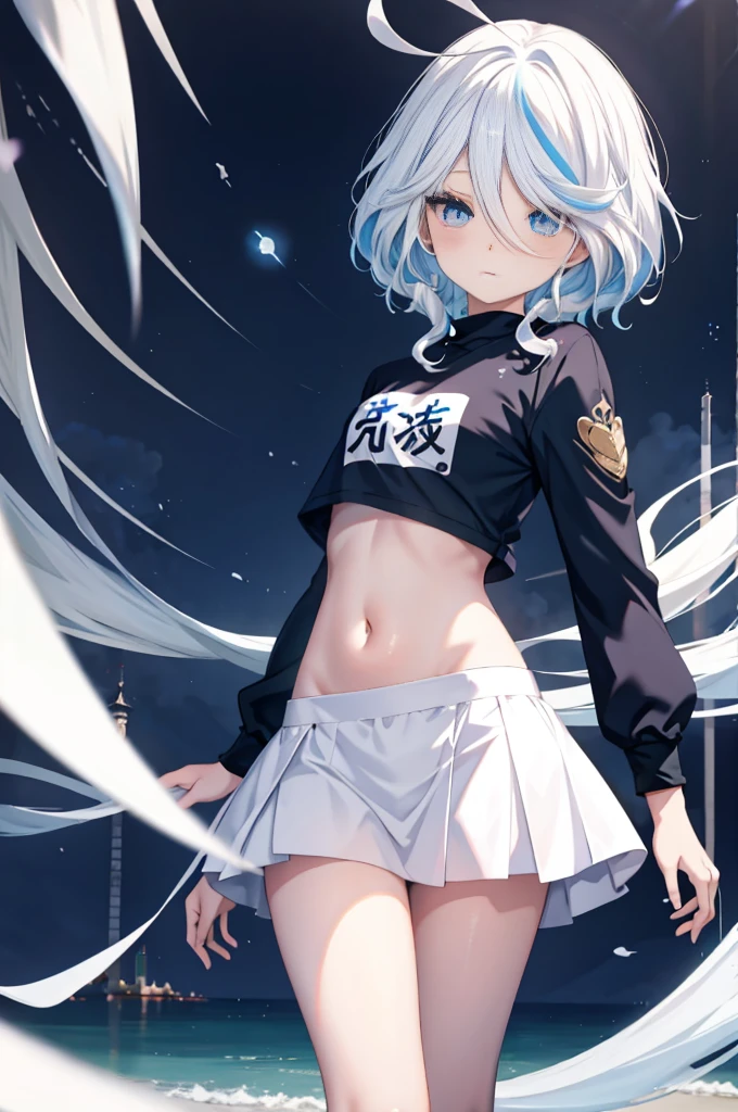 Furina  anime com white  hair e olhos azuis, deus de white  hair, girl portrait, t - shirt, sweatshirt, Anime Girl with Cosmic Hair, com white  hair, white  hair, digital art on pixiv, cirno anime portrait, trends on artstation pixiv, white  hair perfeitos, White hair, blue eyes portrait, a miniskirt, (((Navel )))