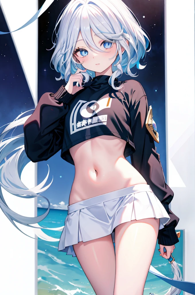 Furina  anime com white  hair e olhos azuis, deus de white  hair, girl portrait, t - shirt, sweatshirt, Anime Girl with Cosmic Hair, com white  hair, white  hair, digital art on pixiv, cirno anime portrait, trends on artstation pixiv, white  hair perfeitos, White hair, blue eyes portrait, a miniskirt, (((Navel )))