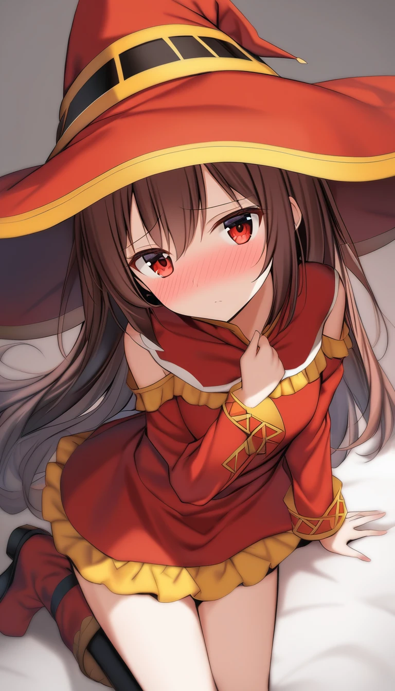 score_9, score_8_above, score_7_above, intricate details,
1 girl, Alone, Megumin, Red dress, Red eyes, Witch hat, nose blush, shy, looking at the viewer,