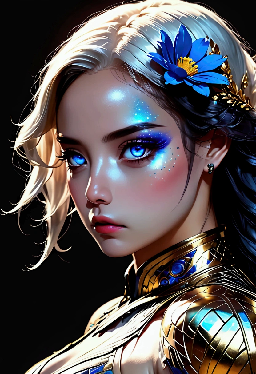 PORTRAIT, only face portrait, macro, a battle angel portrait, beautiful white skin with sparkles and glitter, long long hair with blue flowers on hair, shiny and lightening eyes, cosmos eyes, next to a white tiger, highly detailed fur (vectorized) blue lightening eyes, detailed skin, image is compelling with dynamic composition and energetic posing. Include many fantasy details such as bumps, phantasmal iridescence, glitter, galaxy, cosmos, ((dark celestialskin body, void cosmic body)), (((dark background))), (((lights off))), (((hollywood dark))), horror, dramatic shadows, (in a dark fantasy space:1.3, glitter, sparkle, gleam) vector digital illustration, (black background:1.5)sharp