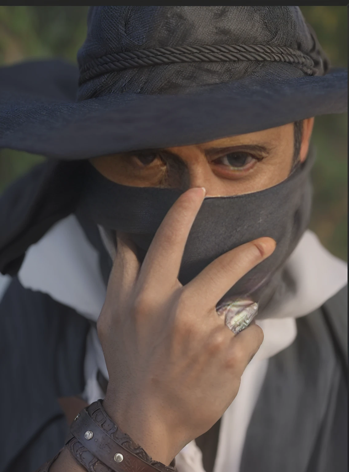 arafed man wearing a hat and scarf covering his face, portrait of a vigilante, portrait of bedouin d&d, close-up shoot, close - up portrait shot, cowboy, old mexican magician closes eyes, close up portrait shot, closeup portrait shot, mysterious man, photo of a ghostly pirate, mexican vaquero, cloak covering face