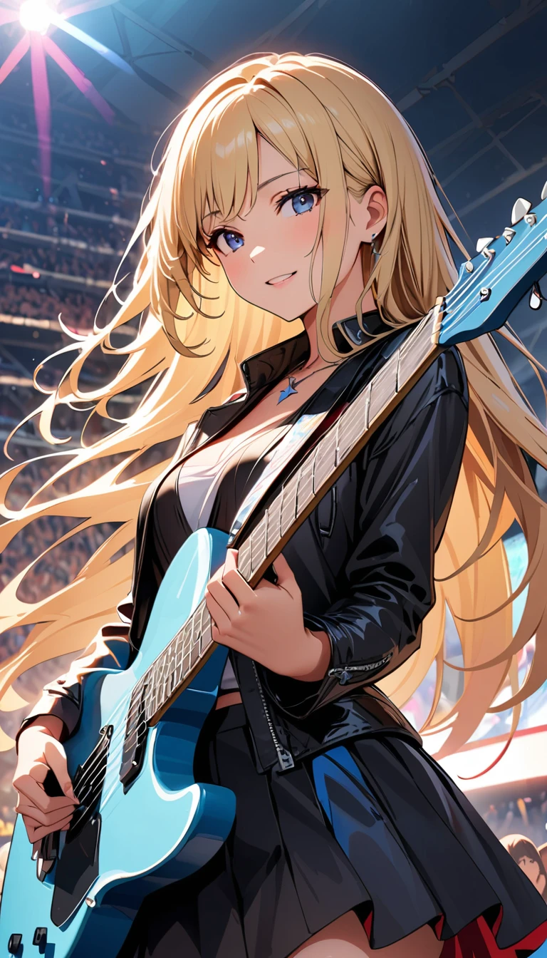 (Highest quality:1.2, Very detailed, up to date, Lonely look, Ultra-high resolution, High Contrast, masterpiece:1.2, Highest quality, Best aesthetics), Portraiture、girl、singer、stage、performance、Rock Music、Bright colors、Beautiful attention to detail、Beautiful lip detail、Long Hair、Mike stand、Music band、Cheerful pose、Concert Light、Smoke effect、 Edgy Style、leather jacket、Dynamic Movement、hypnotic sounds、Stadium、amplifier、noise々new crowd、Loud music、Electric guitar、Powerful vocals、情熱的なperformance、きらめくstage、Concert atmosphere、Music Festival、Full of emotion、Rock star attitude、Resolute expression、Avid Fan、魅力的なstageの存在、 Expressive gestures、Rock star aura、An exciting atmosphere、Sing with all your heart、An unforgettable show。