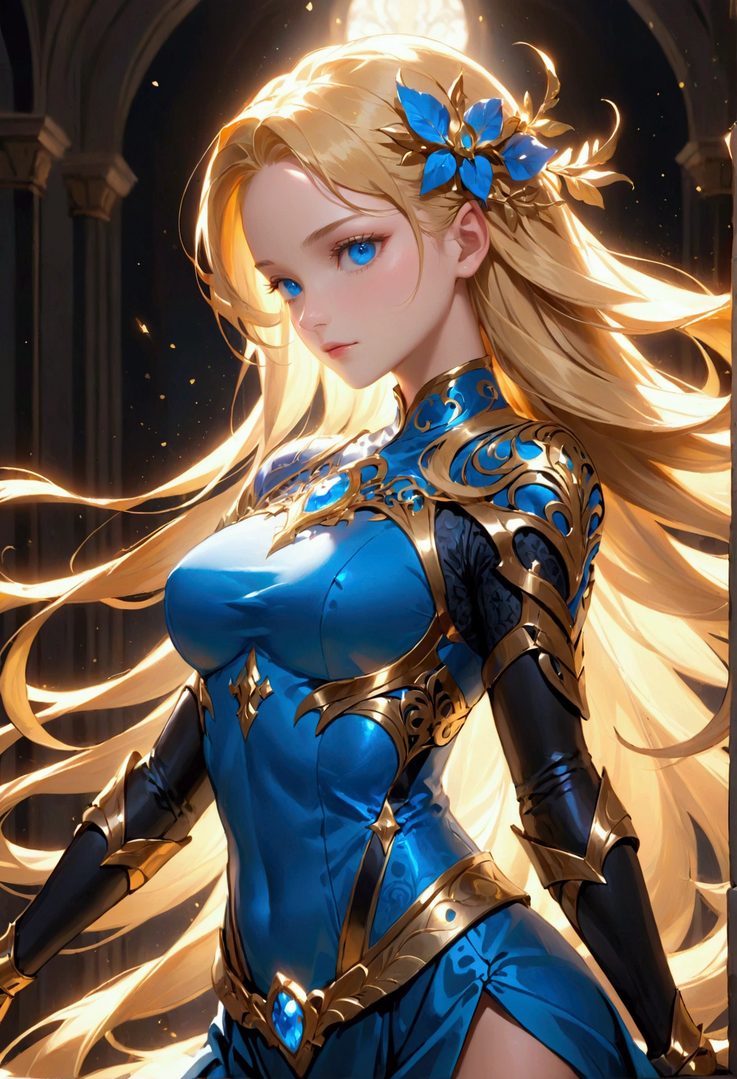 Long golden hair, blue eyes
,aesthetic body,milf, warrior outfit