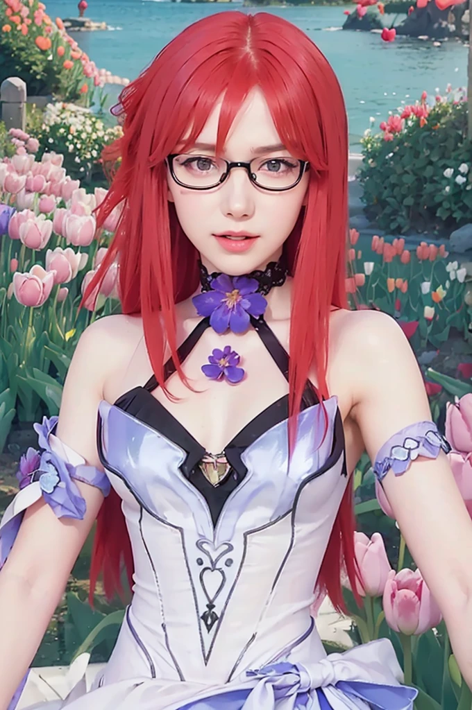 masterpiece, best quality, (realistic,photo-realistic:1.4), (RAW photo:1.2), extremely detailed CG unity 8k wallpaper, delicate and beautiful, amazing,finely detail, official art, absurdres, incredibly absurdres, huge filesize, ultra-detailed,extremely detailed eyes and face,light on face,(little smile),karin uzumaki,(red hair:1.4),(long hair:1.4),nature background,(tulips flower:1.5),(wearing white dress:1.4),,(wearing black framed glasses:1.5)