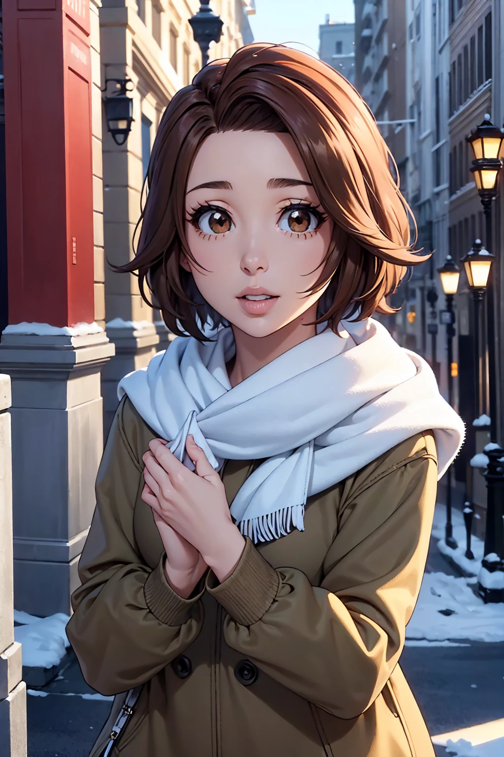 rich in detail:1.5, high resolution, Natural strokes and colors, natural lighting, face detailed, detailed hair, eye detailed, detailed nose, detailed lips. an adult and beautiful girl:1.9, wearing a sweatshirt, wearing a scarf, snowy city, with short brown hair, with brown eyes, e com um sorriso masaki kurosaki.