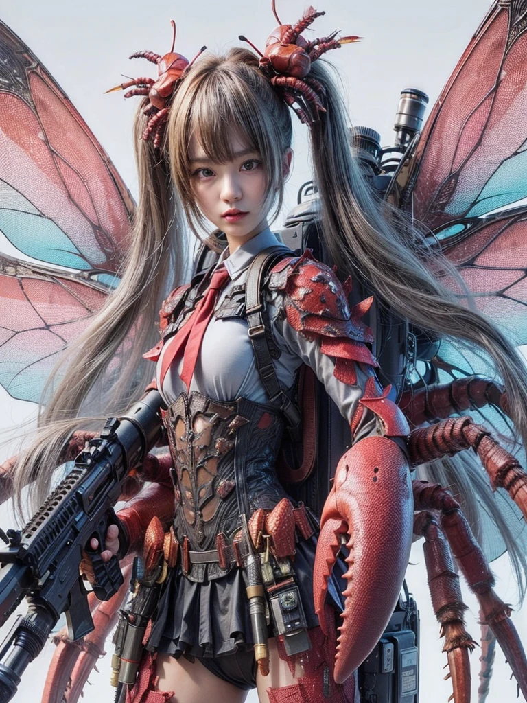 (top-quality:1.2, masterpiece), ultra high res,(Photorealsitic:1.4), (scorpion-like bio animal suit:1.3), heavy weapons,large wings, vivid textures,insect legs, red hair, glowy skin, fur,japanese girl beautiful face, ((super realistic intricate details)), full body shot, globalillumination, octan render, ultrasharp, character edge light, Details of complex ornaments, Acrylic Clear Cover, Hydraulic cylinder