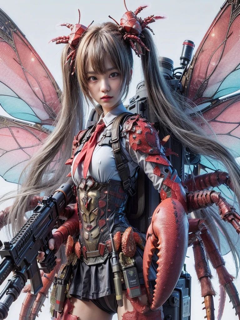 (top-quality:1.2, masterpiece), ultra high res,(Photorealsitic:1.4), (scorpion-like bio animal suit:1.3), heavy weapons,large wings, vivid textures,insect legs, red  hair, glowy skin, fur,japanese girl beautiful face,  ((super realistic intricate details)), full body shot, globalillumination, octan render, ultrasharp, character edge light, Details of complex ornaments, Acrylic Clear Cover, Hydraulic cylinder