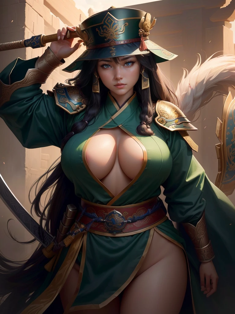 a woman with a bow and a bow in his hand, guan yu, bian lian, naranbaatar ganbold, inspired by Cao Zhibai, inspired by Hu Zaobin, inspired by Fan Kuan, inspired by Li Kan, mongol, inspired by Huang Shen, by Qu Leilei, inspired by Jang Seung-eop, a close up of a girl with a sword and a hat, guan yu, inspired by Hu Zaobin, naranbaatar ganbold, masamune shiro, bian lian, mongol, masamune, feng shu, inspired by Cao Zhibai, inspired by Huang Ding, genghis khan, inspired by Huang Shen, zhao yun, Highly detailed CG unit 8k wallpaper, masterpiece, High resolution, highest quality, highest quality real texture skin, Super Real, Digital Painting, Best image quality, 最High resolution, 8k, ((Highly detailed eyes and face, Beautiful eyes every detail)), 1girl, Full Body Shot, 1girl, Saggy breasts, Gravity-dependent breasts, long chest, Heavy chest, disproportionate breasts, huge breasts, sagging breasts, gigantic breasts, (erect nipple, ),