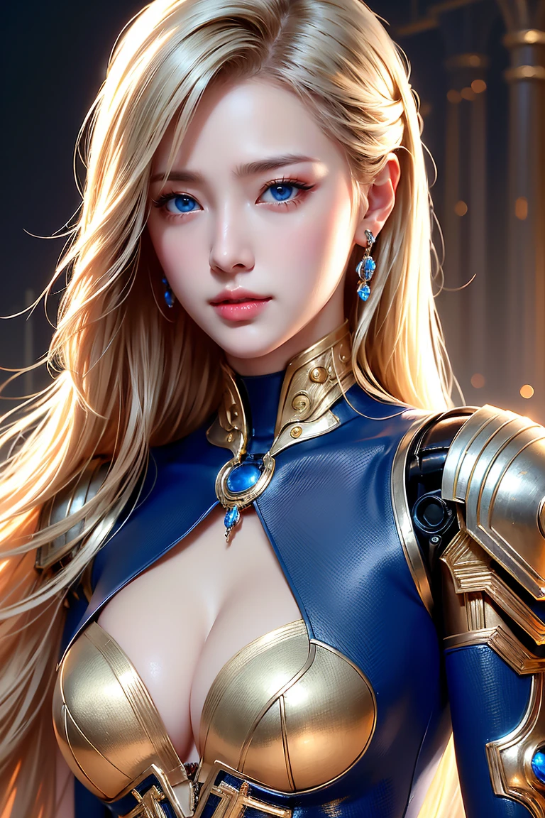 realistic, Realistic picture,Masterpiece,high resolution, woman ,With blue eyes, look at the audience., (detailed face), With blue eyes,blonde hair, cybernetic robot,Metallic red body/gold color,(The details of the outfit were perfect..) The background is a deserted city..