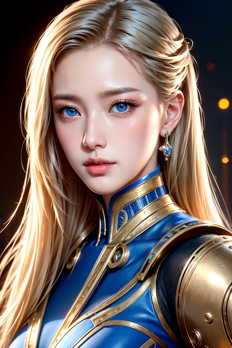 realistic, Realistic picture,Masterpiece,high resolution, woman ,With blue eyes, look at the audience., With blue eyes,blonde hair,(Fully detailed face) cybernetic robot,metallic red/gold color,(Details of the perfect outfit.) The background is a deserted city..