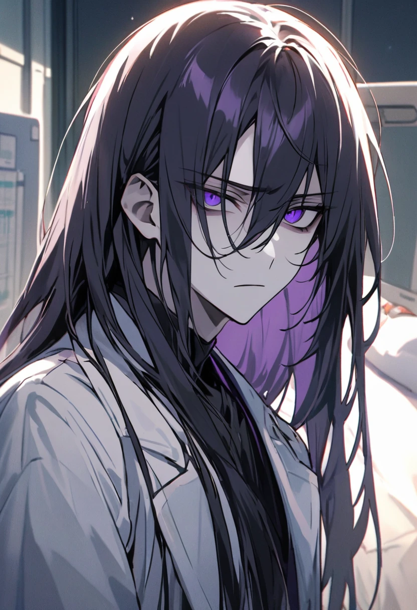 male。Wearing a white coat。黒髪long。Long Hair。long。Black inner。Look sick。Purple Eyes。　Expressionless。Cool impression。doctor。Pale skin。thin体。Worried eyebrowature。thin。（美しい若いmale）, A serious expression, as if staring right at me, high quality, Draw Amount, Pixiv illustration、Hospital room