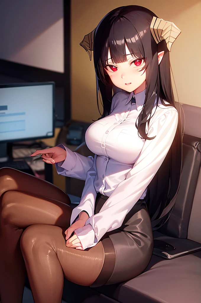 work of art, best qualityer, ultra detali, illustration, colorfully, flat colour, Depth of field, 1 girl, sitting down, Bblack hair, horns on head, Eyes red, , gazing at viewer, in the office, black business dress, pantyhose, black pantyhose, Detailed texture skin, detailed cloth texture, beautifull detailed face,Grinning,face red,blushed,legs crossed,big breasts,black highheels,fully body
