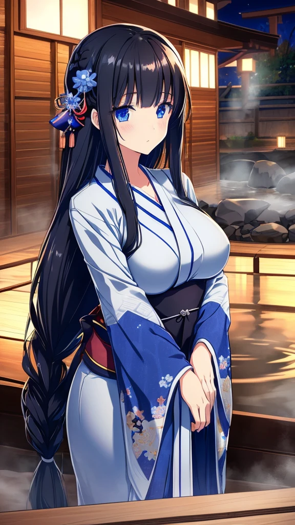 best quality, extremely detailed,anime style girl,long hair down to the waist, straight hair, ((dark black hair with bluish)),braid,beautiful detailed eyes, pinched eyes, (dark blue eyes),huge breasts,curvy,kimono,clothing with complex patterns,hair ornament,((((hot spring)))),cool expression,((pov))